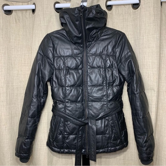 Danier Black Leather Puffer Jacket Sz XXS High Neck Bomber Quilted Winter Coat - Picture 16 of 16